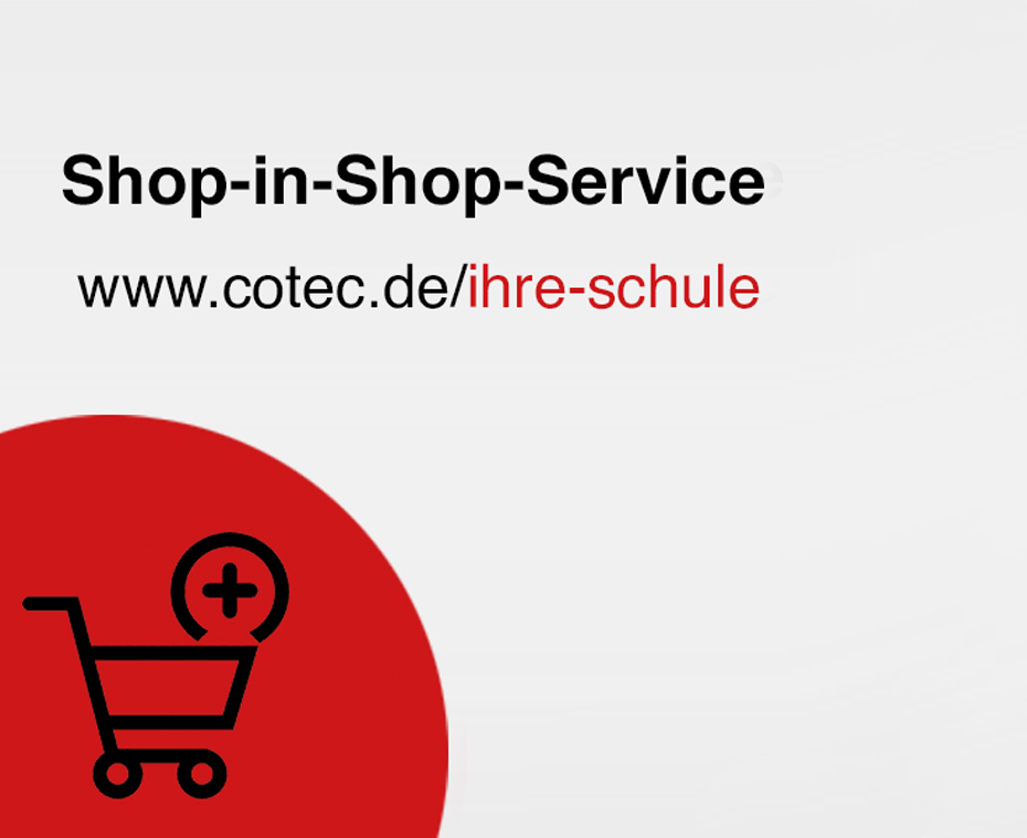 Symbolischer einkaufswagen mit +Symbol und Schrift "Shop-in-Shop-Service"