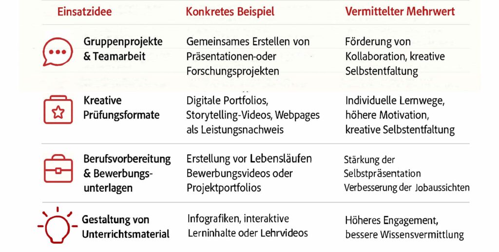 Tabelle Adobe Express Einsatzmöglichkeiten, Illustrationen und Vergleichstabelle
