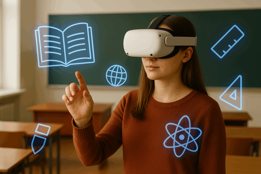 Eine Person mit VR-Brille in einem Klassenzimmer, virtuelle Elemente (z. B. schwebende Lernobjekte oder holografische Icons) als Overlay, farblich zurückhaltend, leicht futuristischen Touch (Blautöne, transparentes UI), illustrativer Stil