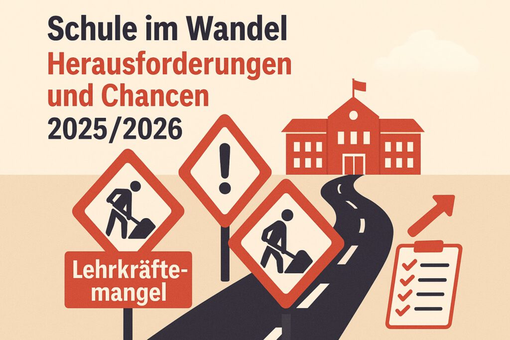 Illustration ein rotes Schulgebäude im Hintergrund, darauf zulaufend eine Straße mit Baustellenschildern und einer Checkliste nebendran, ein Schild sagt "Lehrkräftemangel"