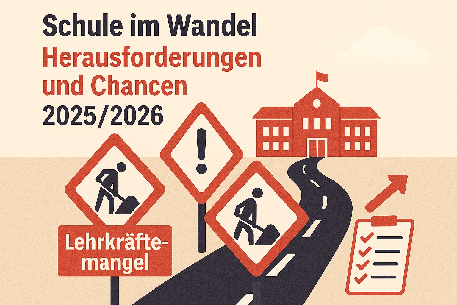 Illustration ein rotes Schulgebäude im Hintergrund, darauf zulaufend eine Straße mit Baustellenschildern und einer Checkliste nebendran, ein Schild sagt "Lehrkräftemangel"