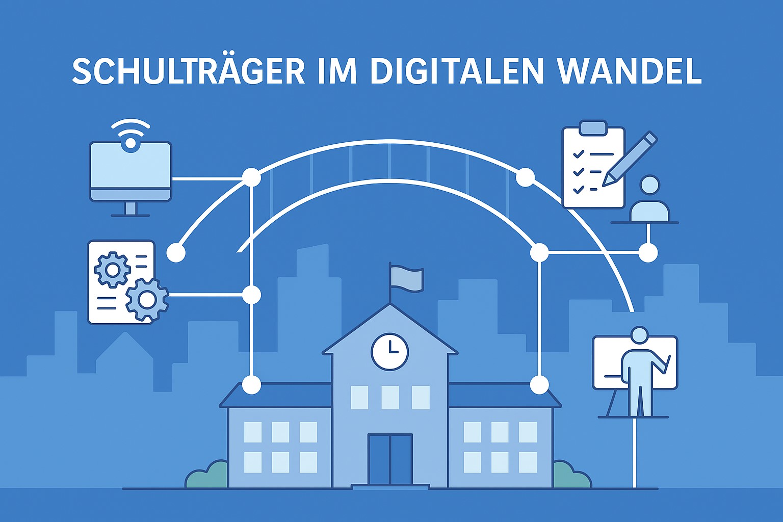 Symbolische Darstellung eines „digitalen Netzwerks“ über eine Kommune oder Schule (mit Icons für Infrastruktur, Planung, Qualifizierung
