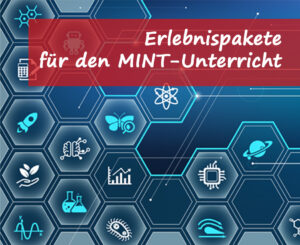 Eine Illustration in einer Waben-Anordnung, MINT- und technische Symbole, Forschung & Lehre; Erlebnispakete für den MINT-Unterricht