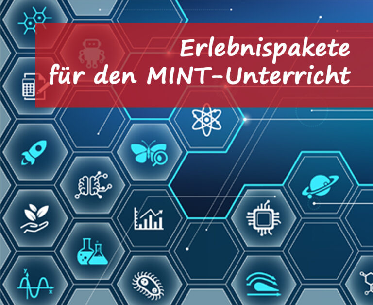 Eine Illustration in einer Waben-Anordnung, MINT- und technische Symbole, Forschung & Lehre; Erlebnispakete für den MINT-Unterricht