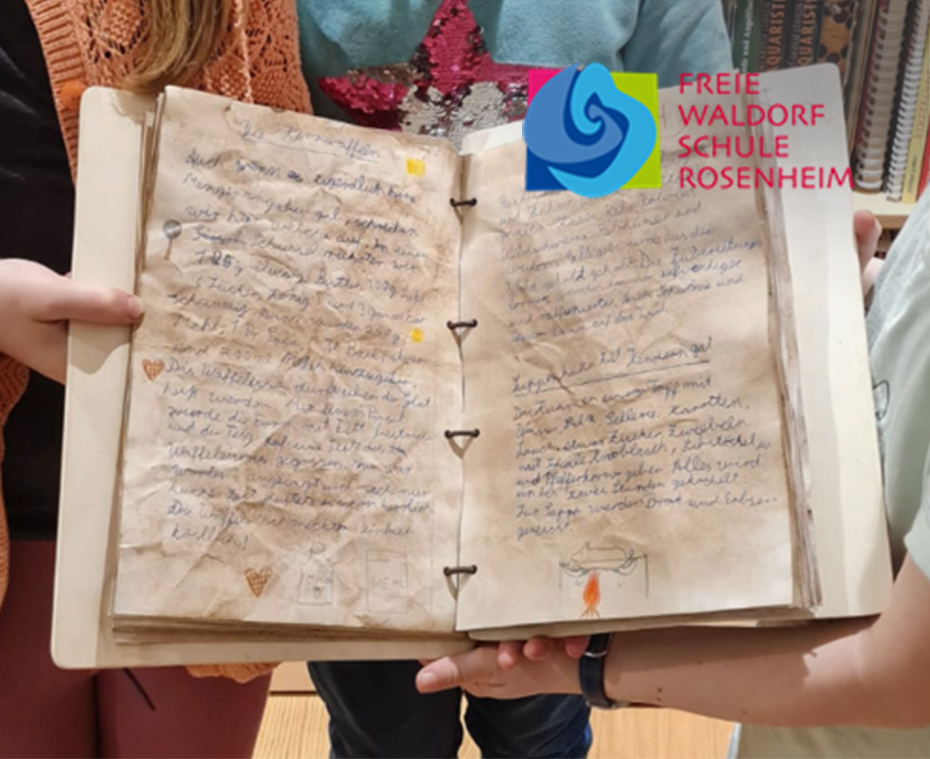 Geöffnetes Buch mit Rezepten drin (aus dem Projekt Schülerlandeswettbewerb Bayern) - mit Waldorfschule Rosenheim-Logo