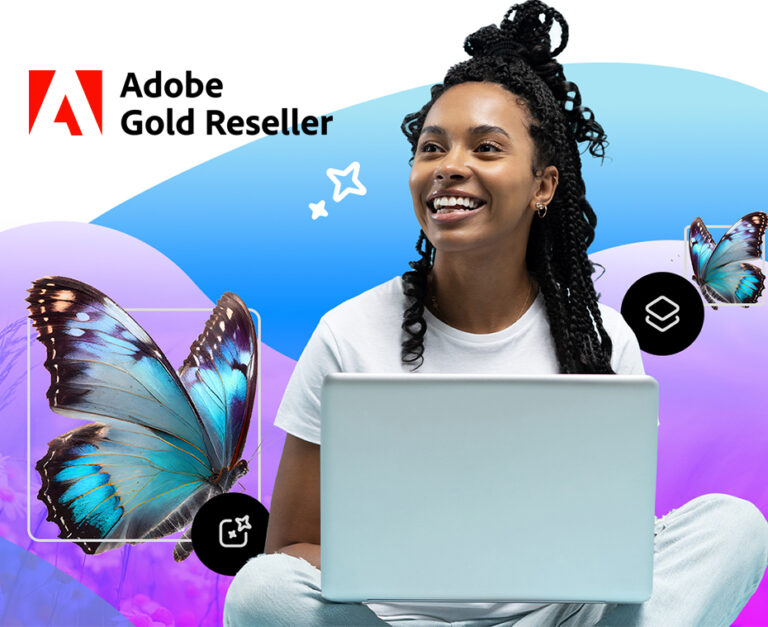 junge frau im schneidersitz mit laptop auf dem schoß, schmetterlings- und Ki-Symbole in der Luft, Adobe-Logo
