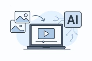 Futuristisches KI-Motiv mit einem Screen auf dem ein Play-Button zu sehen ist.
