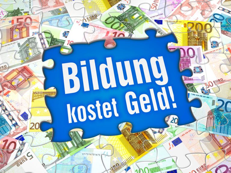 Puzzle auf dem Euro-Scheine abgebildet sind, in der Mitte fehlen einige Puzzle-Teile und dort steht "Bildung kostet Geld!"