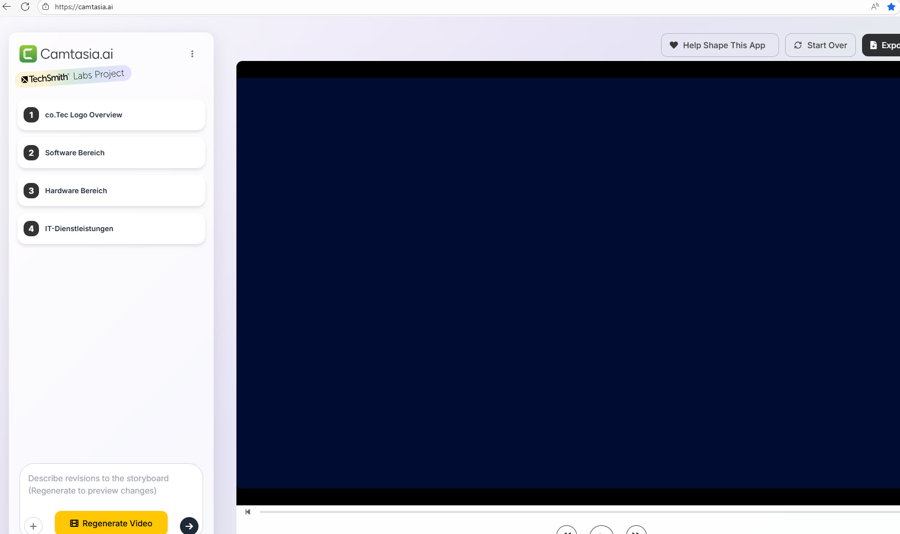 Screenshot Benutzeroberfläche Camtasia ai