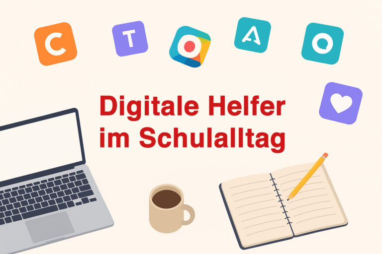 Flatlay / Symbolbild: Laptop, Notizbuch, Kaffeebecher, und digital eingeblendete Tool-Icons