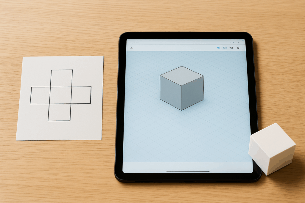 Aufgezeichnetes Würfelnetz, Laptop mit einem 3D-Modell und ausgedruckter 3D-Würfel auf einem Tisch nebeneinander