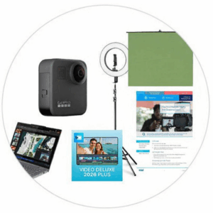 Intel SFI Greenscreen Bundle, zu sehen ist eine Greenscreen-Plane, ein Laptop, ein Ringlicht, Software-Programm und GoPro-Kamera