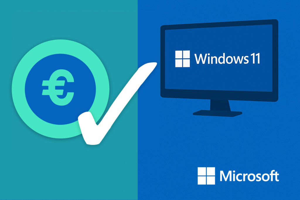 Geld und Häkchen-Symbole sowie Microsoft-Logo und Schriftzug "Cashback für Hardware-Refresh" sowie Windows11-Logo auf einem Monitor abgebildet