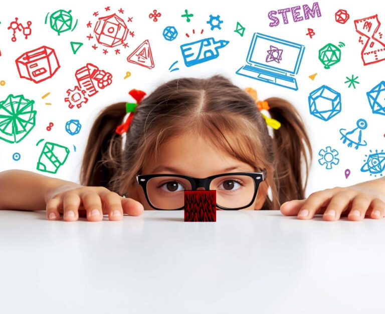 Kind entdeckt 3D-Druck: sitzt am weißen Tisch, betrachtet kleinen 3D-gedruckten Würfel. Hintergrund mit bunten STEM-Doodles zu 3D-Druck (3D-Drucker, Filament, CAD, geometrische Formen, Zahnräder). Kreative Lernszene für Technik und Bildung.