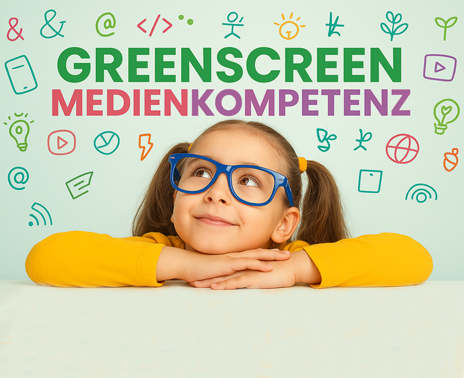 Niedliches kleines Mädchen mit Brille, das auf bunte Coding- und Kreativ-Symbole über ihrem Kopf schaut. "Greenscreen" und "Medienkompetenz" steht über ihrem Kopf