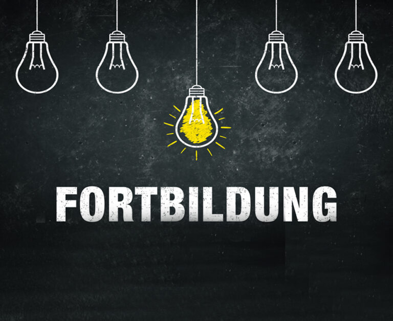 Restbudget für Fortbildung und Beratung, Wort "Fortbildung" auf schwarzer Tafel, im Hintergrund Glühbirnen aufgemalt, von welchen nur eine in der Mitte leuchtet