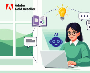 Junge Frau oder Schülerin lernt und arbeitet mit KI-Technologie auf dem Laptop, umgeben von Bildungssymbolen und Kommunikationsblasen