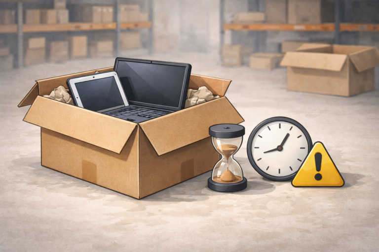 Offene Versandbox mit Laptop und Tablet in einem Lager, daneben Uhr und Sanduhr als Symbol für Lieferverzögerungen bei IT-Hardware