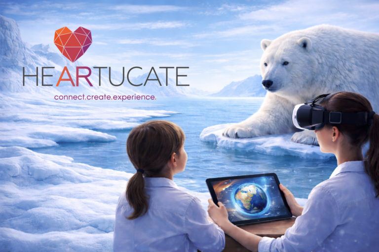 Zwei Kinder nutzen VR-Brille und Tablet in einer arktischen Landschaft und beobachten einen Eisbären auf einer Eisscholle vor Gletschern und Meer.