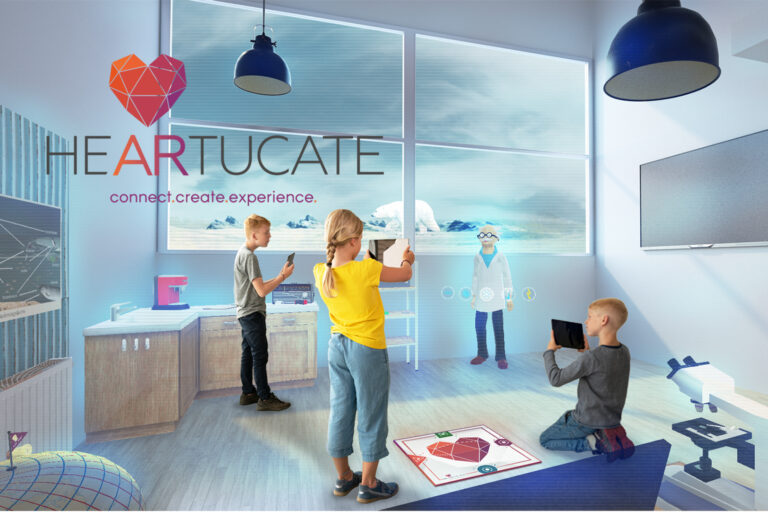 Kinder im Klassenraum nutzen Tablets, während eine AR-Projektion eines Wissenschaftlers vor einer arktischen Landschaft angezeigt wird.