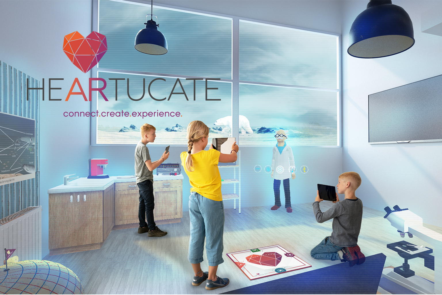 Kinder im Klassenraum nutzen Tablets, während eine AR-Projektion eines Wissenschaftlers vor einer arktischen Landschaft angezeigt wird.