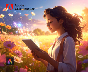 Schülerin arbeitet mit Tablet inmitten einer Blumenwiese, während kreative KI-generierte Elemente wie Farben und Formen aus dem Bildschirm entstehen – symbolisch für kreatives Lernen mit generativer KI im Unterricht