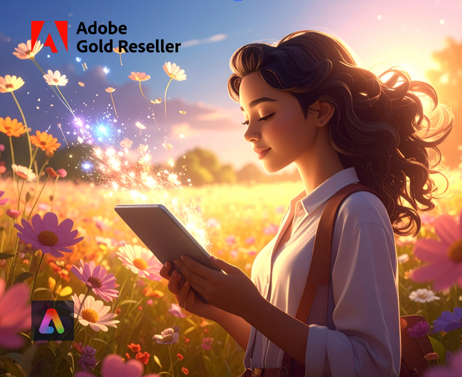 Schülerin arbeitet mit Tablet inmitten einer Blumenwiese, während kreative KI-generierte Elemente wie Farben und Formen aus dem Bildschirm entstehen – symbolisch für kreatives Lernen mit generativer KI im Unterricht