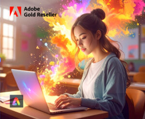 Schülerin arbeitet an einem Laptop im Klassenraum, während farbenfrohe kreative Designelemente aus dem Bildschirm in die Umgebung übergehen – Darstellung von kreativem Arbeiten mit generativer KI im Unterricht mit Adobe.
