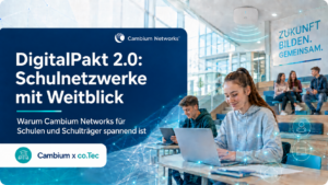 Cambium Networks Infografik für moderne Schulnetzwerke mit Indoor WLAN, Outdoor-Konnektivität, Switching, Sicherheit und skalierbarer Verwaltung.