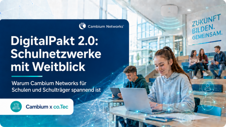 Cambium Networks Infografik für moderne Schulnetzwerke mit Indoor WLAN, Outdoor-Konnektivität, Switching, Sicherheit und skalierbarer Verwaltung.