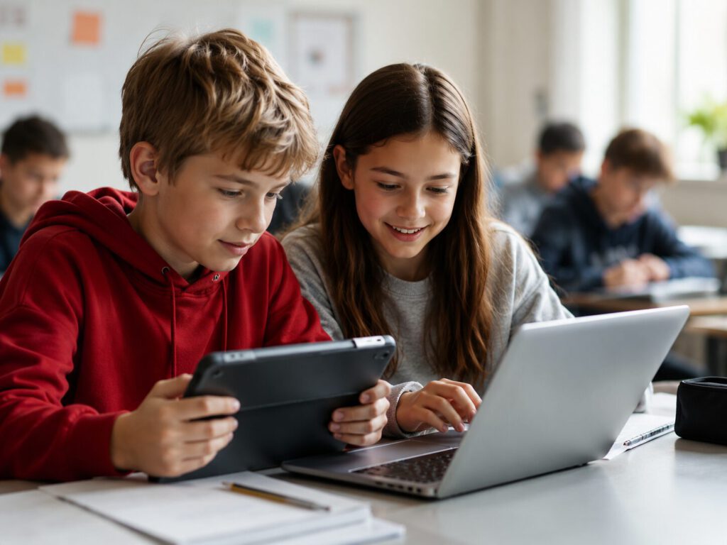 Sch&uuml;ler arbeiten gemeinsam mit Tablet und Laptop im modernen Klassenzimmer