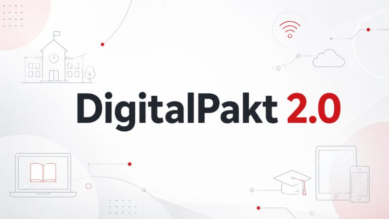 Symbolbild zum DigitalPakt 2.0 mit Schriftzug und digitalen Bildungssymbolen