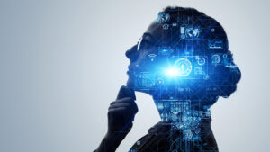 Silhouettenhaftes Profil einer nachdenklichen Person mit digitalen Netzwerk- und Datenvisualisierungen als Symbol für die Digitalisierung von Schulträgern.