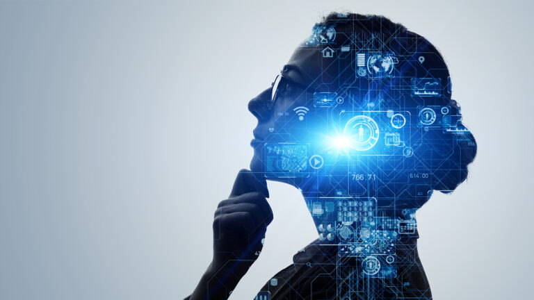 Silhouettenhaftes Profil einer nachdenklichen Person mit digitalen Netzwerk- und Datenvisualisierungen als Symbol für die Digitalisierung von Schulträgern.