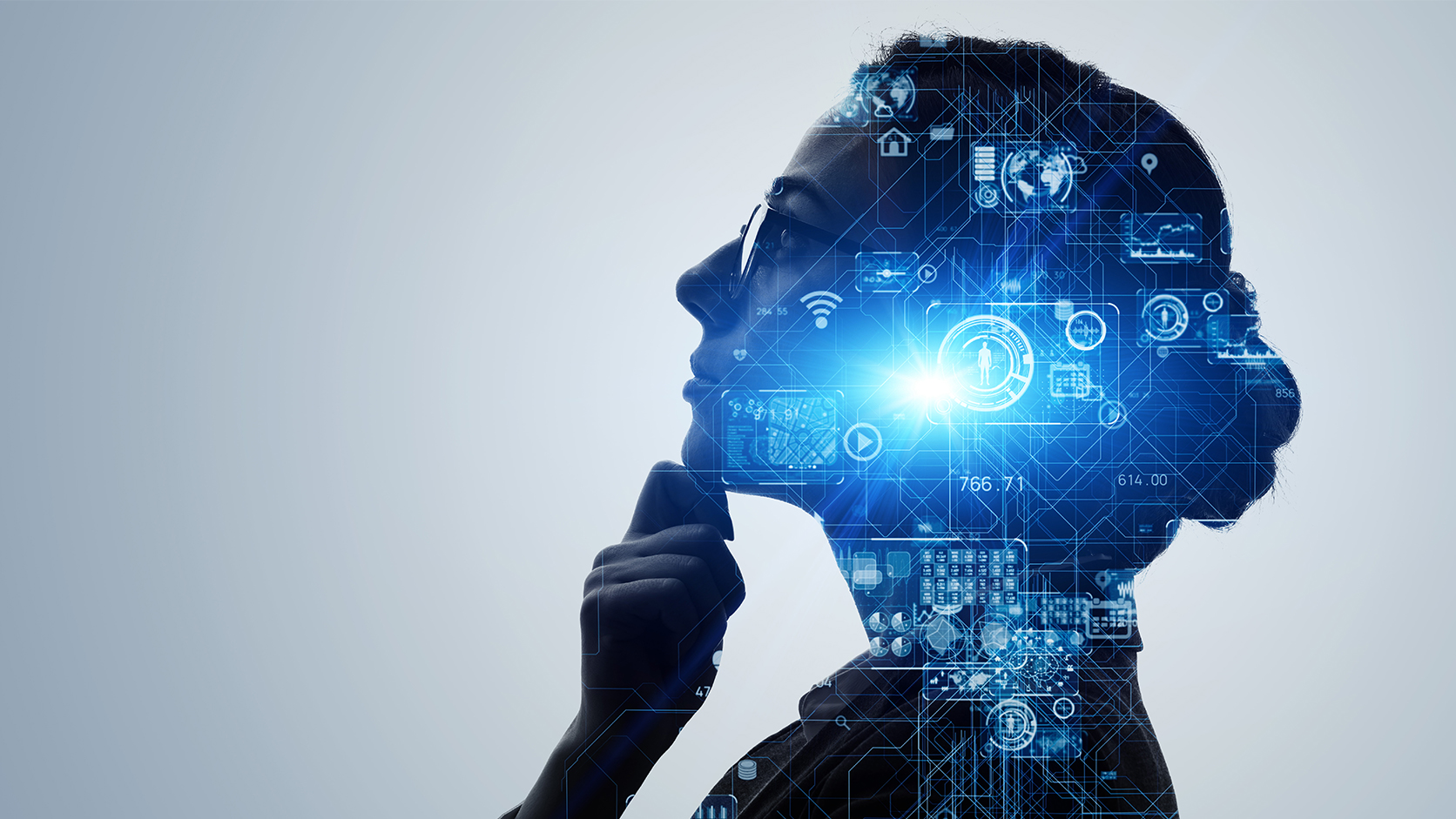 Silhouettenhaftes Profil einer nachdenklichen Person mit digitalen Netzwerk- und Datenvisualisierungen als Symbol für die Digitalisierung von Schulträgern.