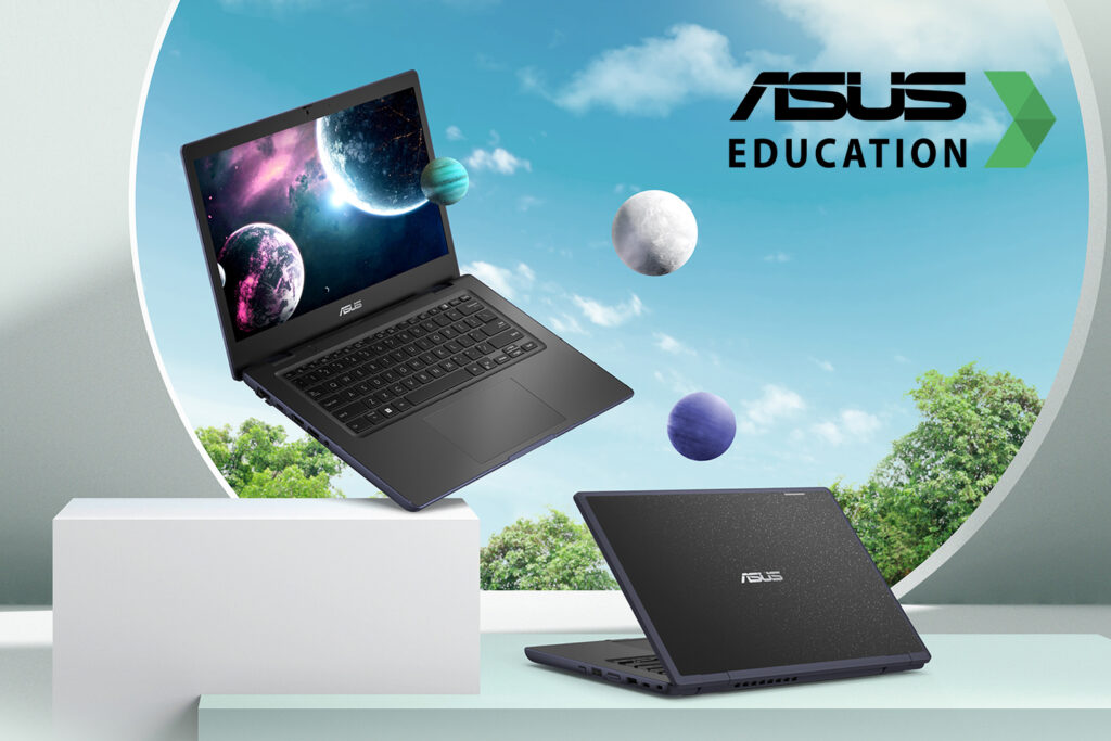 Zwei robuste ASUS Education Notebooks für den digitalen Schulalltag vor einer futuristischen Lernumgebung