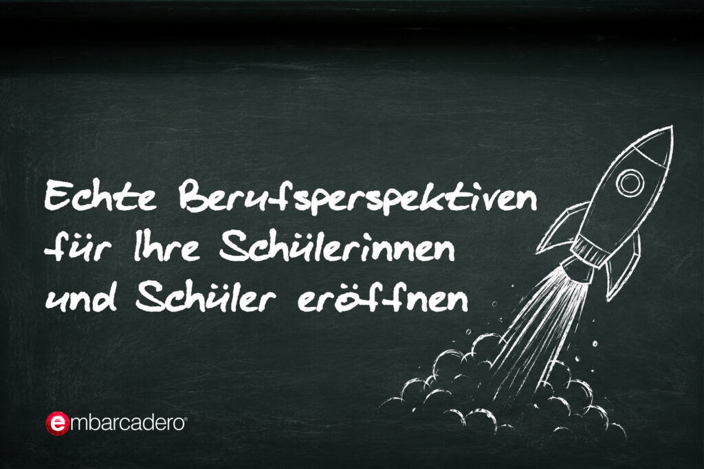 Kreidezeichnung einer startenden Rakete als Symbol für Berufsperspektiven in der Softwareentwicklung, mit Embarcadero-Logo
