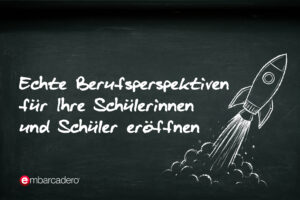 Kreidezeichnung einer startenden Rakete als Symbol für Berufsperspektiven in der Softwareentwicklung, mit Embarcadero-Logo