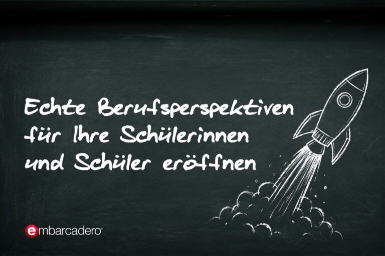 Kreidezeichnung einer startenden Rakete als Symbol für Berufsperspektiven in der Softwareentwicklung, mit Embarcadero-Logo