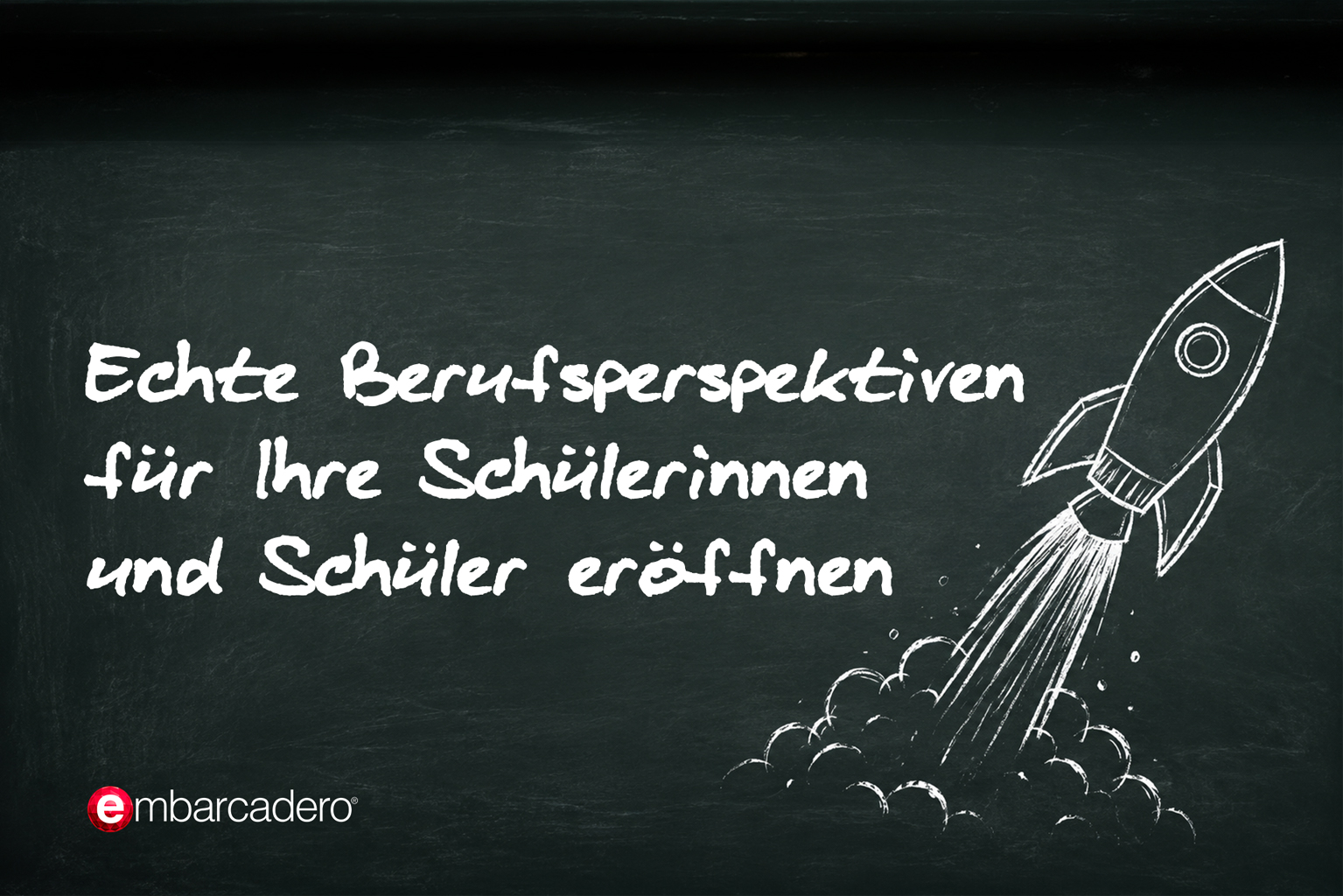 Kreidezeichnung einer startenden Rakete als Symbol für Berufsperspektiven in der Softwareentwicklung, mit Embarcadero-Logo