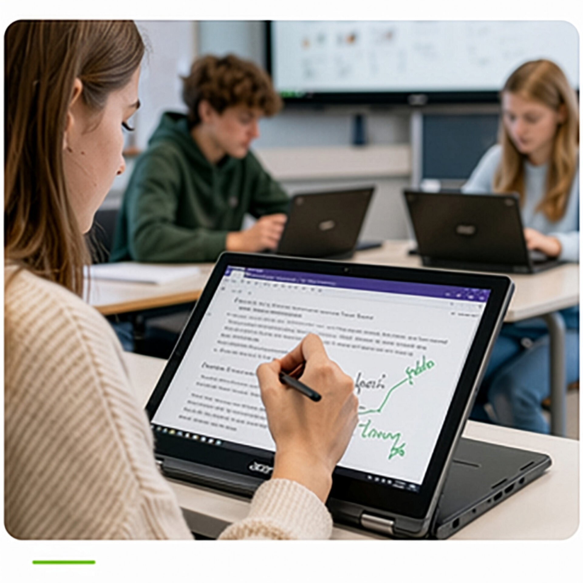 Schülerin bearbeitet im Deutschunterricht einen Text auf einem Acer Convertible mit digitalem Stift, während weitere Lernende im Hintergrund arbeiten.