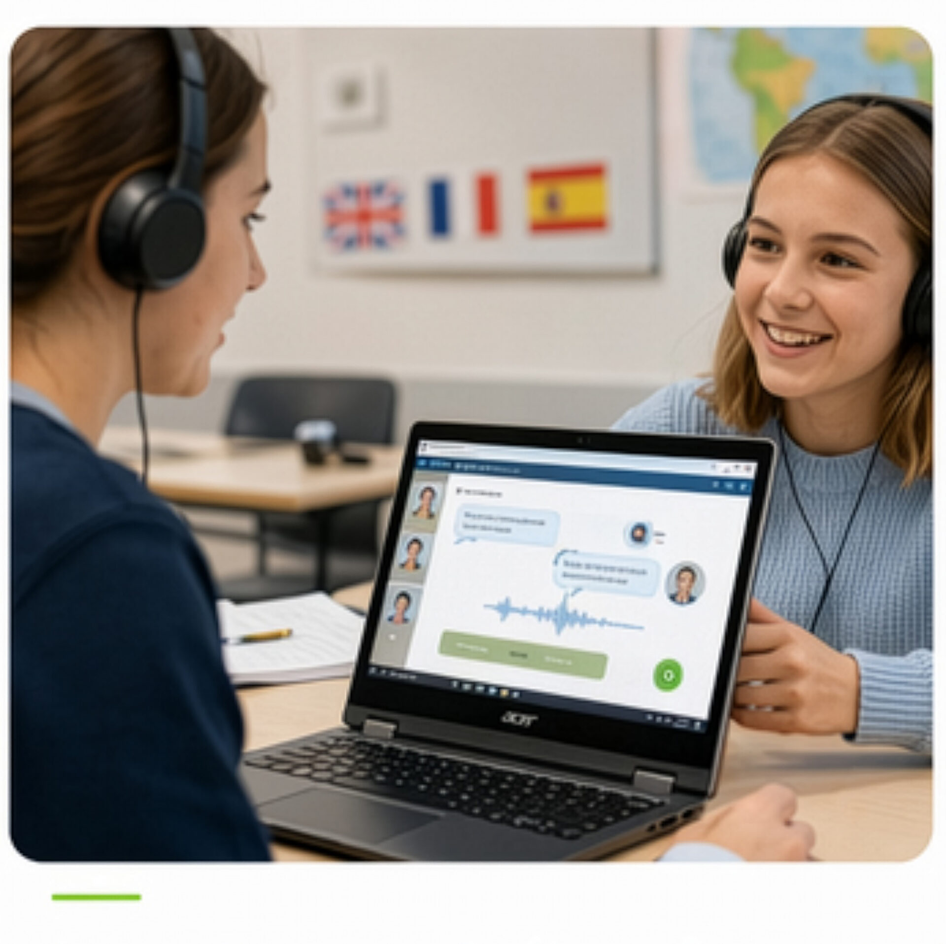 Zwei Schülerinnen üben im Fremdsprachenunterricht mit Headsets an einem Acer Laptop und nutzen eine digitale Sprachlern-Anwendung.
