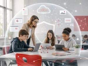 Lehrkraft und Schülerinnen und Schüler arbeiten gemeinsam mit digitalen Geräten in einem modernen Lernraum, umgeben von einer symbolischen Sicherheitskuppel mit Cloud-, KI- und Datenschutz-Icons.