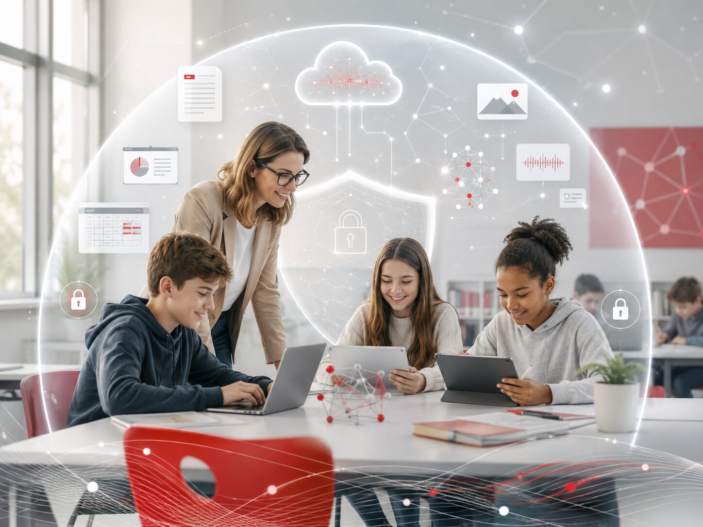 Lehrkraft und Schülerinnen und Schüler arbeiten gemeinsam mit digitalen Geräten in einem modernen Lernraum, umgeben von einer symbolischen Sicherheitskuppel mit Cloud-, KI- und Datenschutz-Icons.
