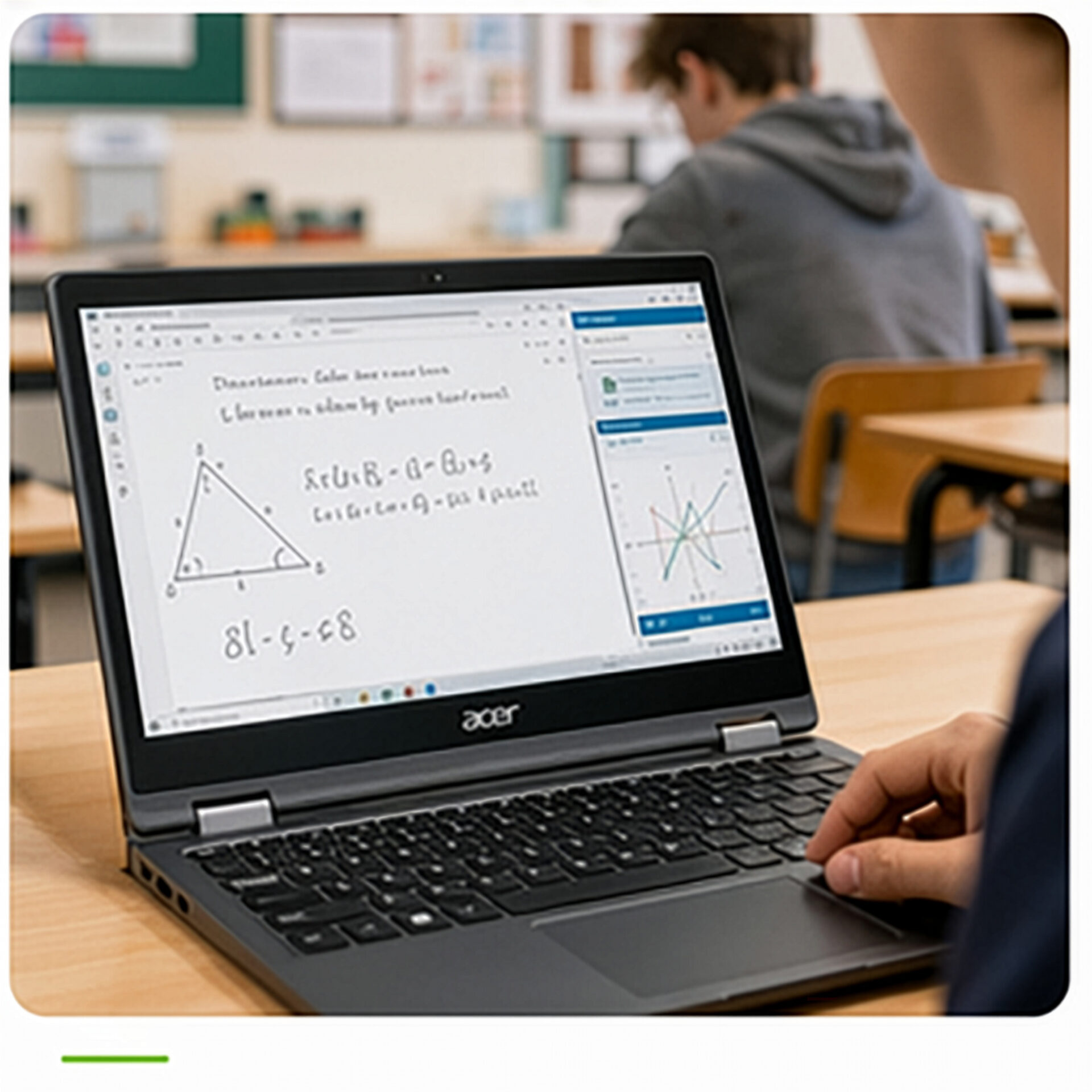 Schüler arbeitet im Mathematikunterricht an einem Acer Laptop mit digitalen Notizen, geometrischen Zeichnungen und Diagrammen.