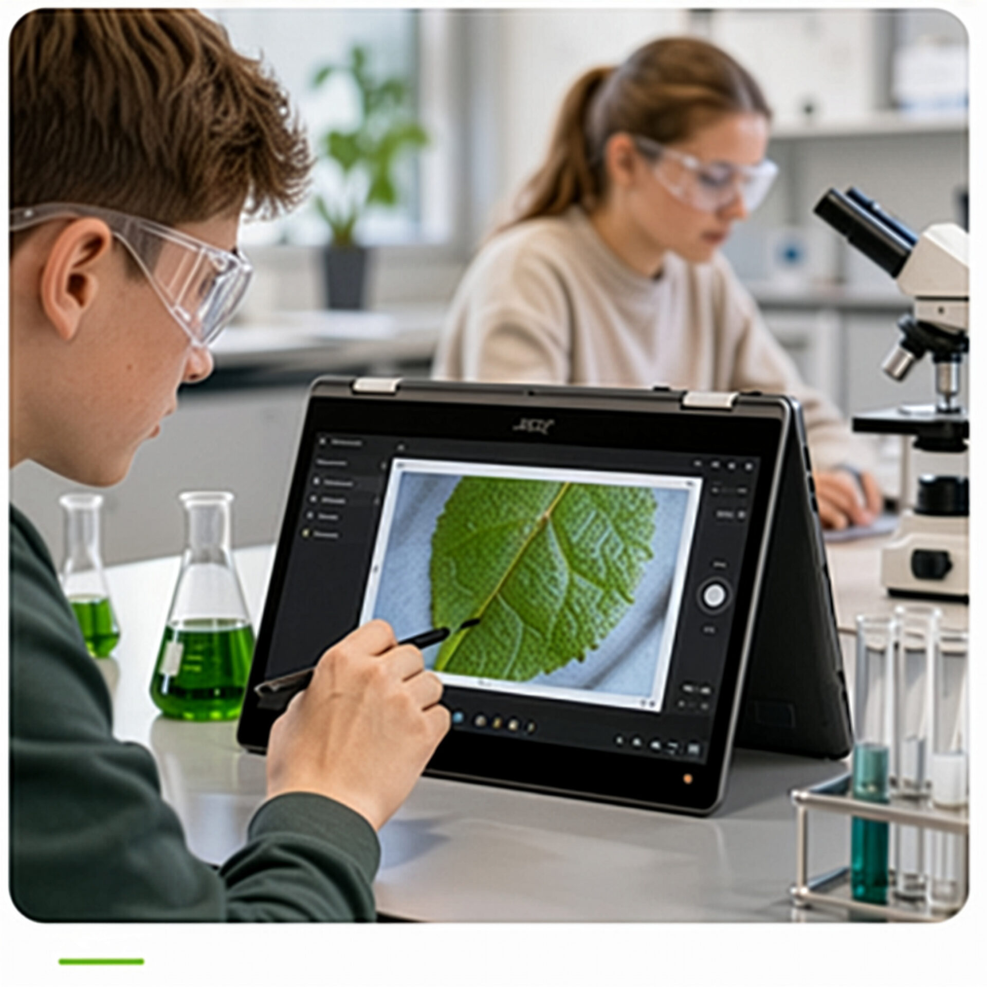 Schüler untersucht im naturwissenschaftlichen Unterricht ein Blatt digital auf einem Acer Convertible, umgeben von Laborgeräten und Mikroskop.