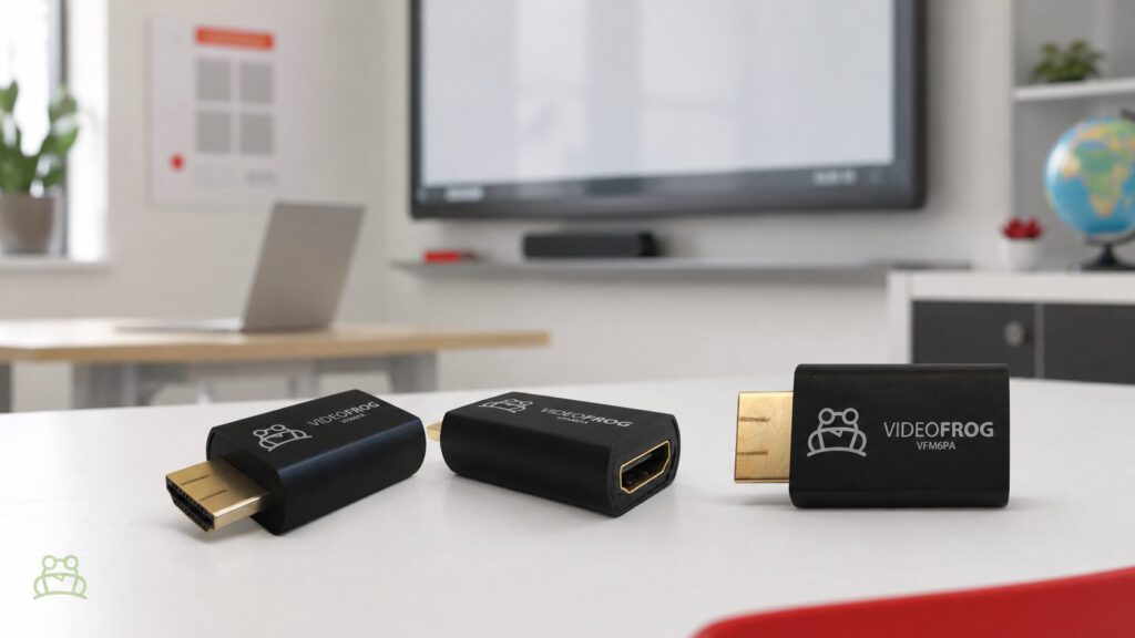 VIDEOFROG HDMI-Adapter auf einem Tisch vor einem digitalen Display im Klassenzimmer