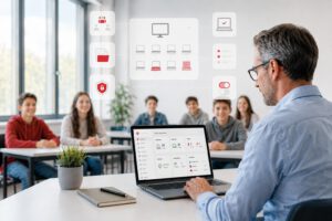 Lehrer am Pult mit geöffnetem Schulverwaltungs-Dashboard, während Schülerinnen und Schüler im Hintergrund aufmerksam zum Lehrer schauen.