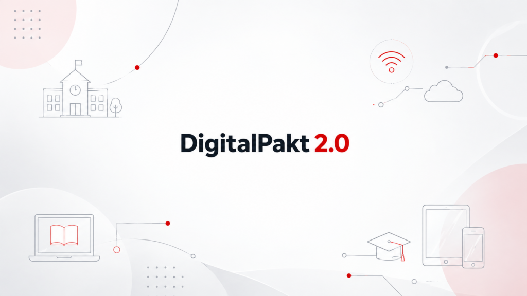 Symbolbild zum DigitalPakt 2.0 mit Schriftzug und digitalen Bildungssymbolen