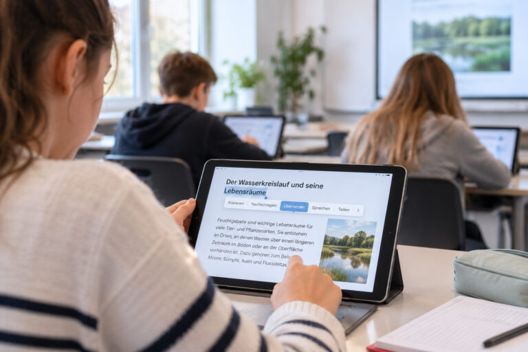 Schülerin nutzt im Unterricht ein Tablet und wählt die Übersetzungsfunktion für einen markierten Begriff aus.